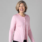 Woman wearing Silkspun Cardigan in Shell Pink