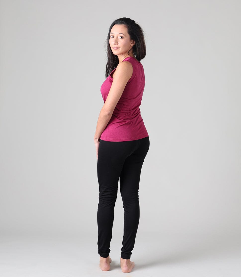 Silkspun Sleeveless Crew in Mulberry pink with Silkspun Legliners in Black