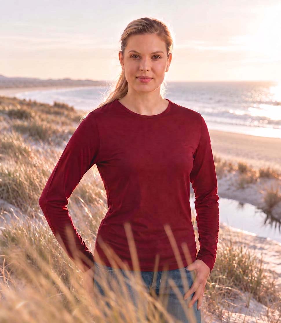 Women's Silkspun Long Sleeved Crew in Bordeaux red