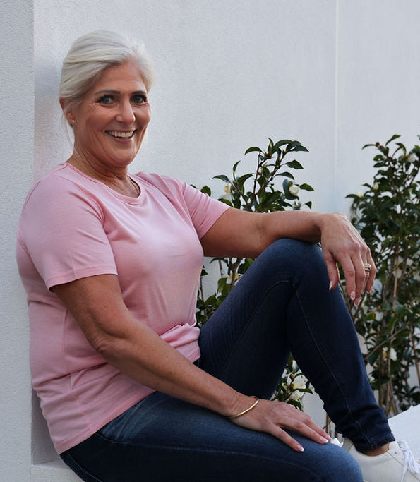 100% natural Silkspun Short Sleeved Crew top for women in Shell Pink