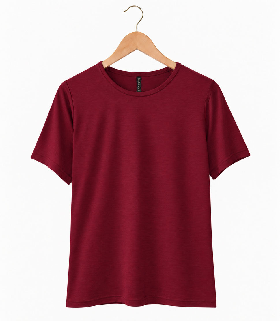 100% natural Silkspun Short Sleeved Crew top for women in Bordeaux red