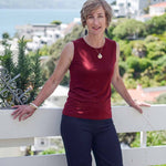 Woman wearing Silkspun Sleeveless Crew in Bordeaux red