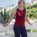 Woman wearing Silkspun Sleeveless Crew in Bordeaux red