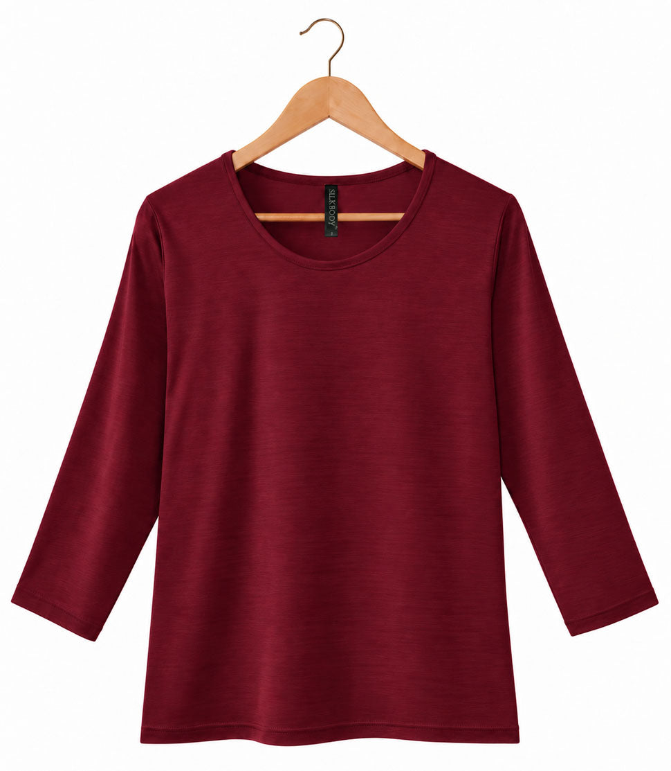Silkspun 100% natural 3/4 Sleeve Scoop top in Bordeaux red