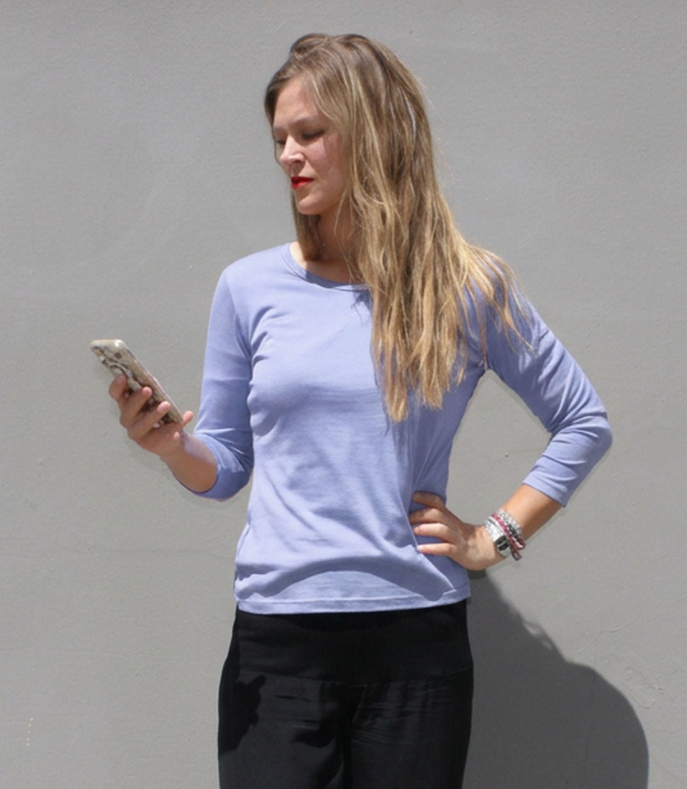 Silkspun 100% natural 3/4 Sleeve Scoop top in Forget-Me-Not