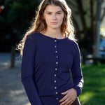 Woman wearing Silkspun Cardigan in Navy Blue