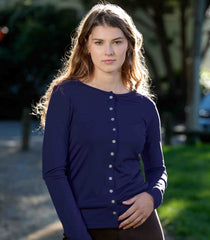 Woman wearing Silkspun Cardigan in Navy Blue