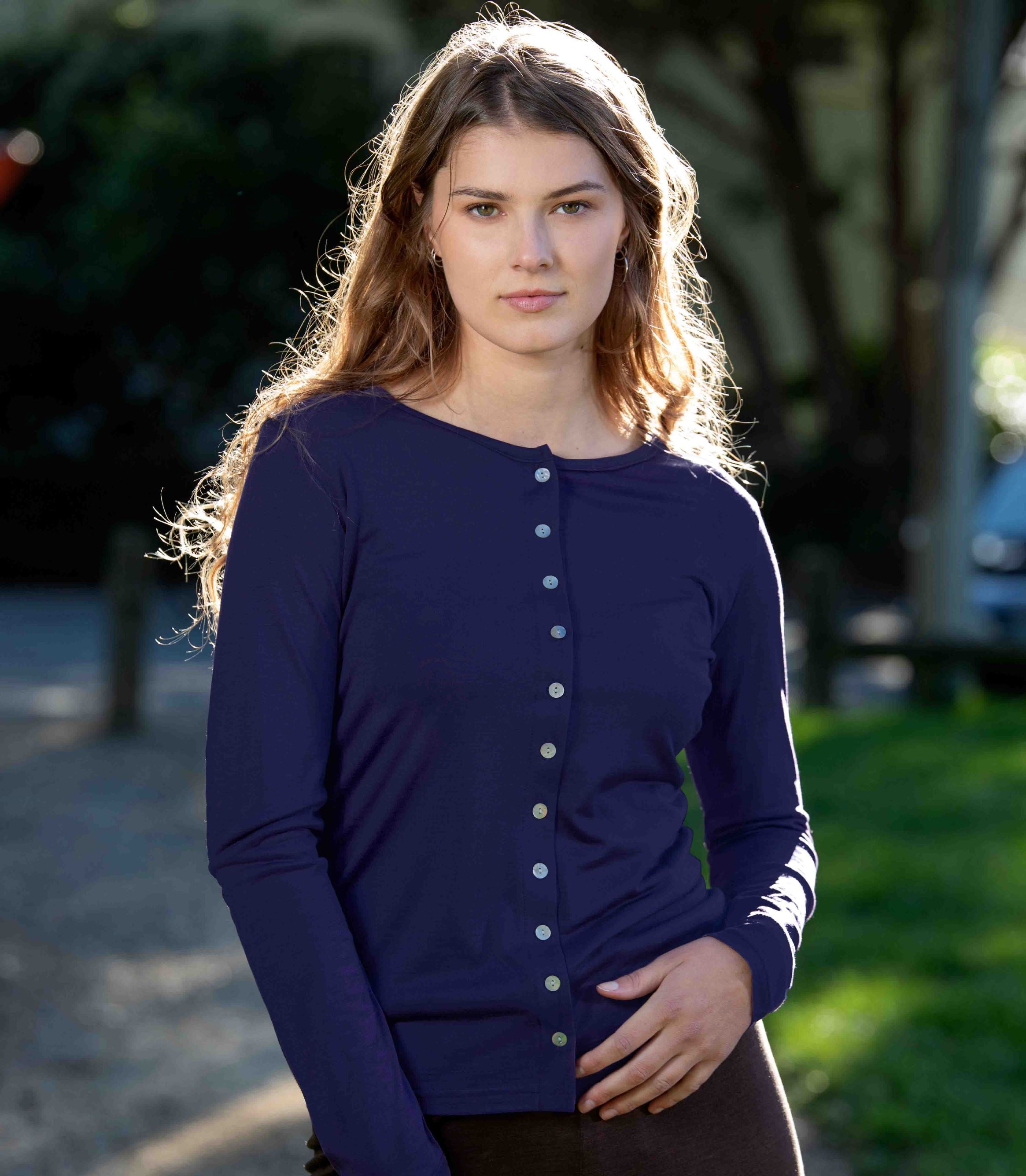 Woman wearing Silkspun Cardigan in Navy Blue