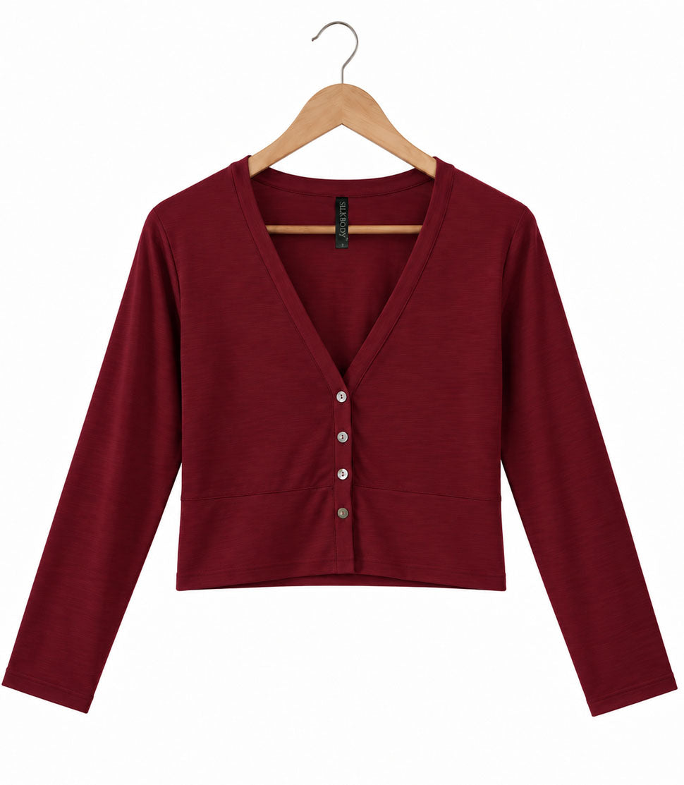 Silkspun Cropped V Neck Cardigan in Bordeaux red