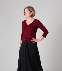 Women's Silkspun 3/4 Sleeve V Neck in Bordeaux red