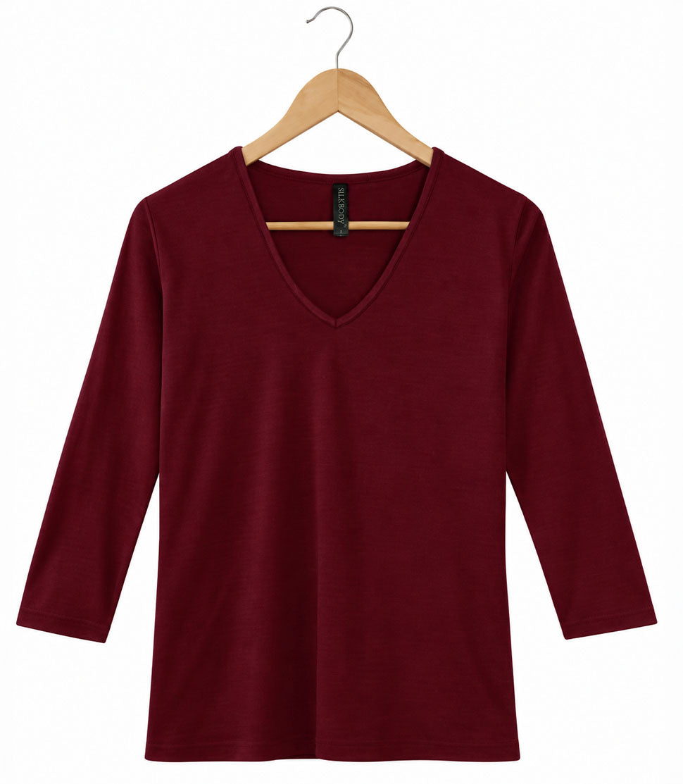 Women's Silkspun 3/4 Sleeve V Neck in Bordeaux red