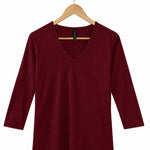 Women's Silkspun 3/4 Sleeve V Neck in Bordeaux red