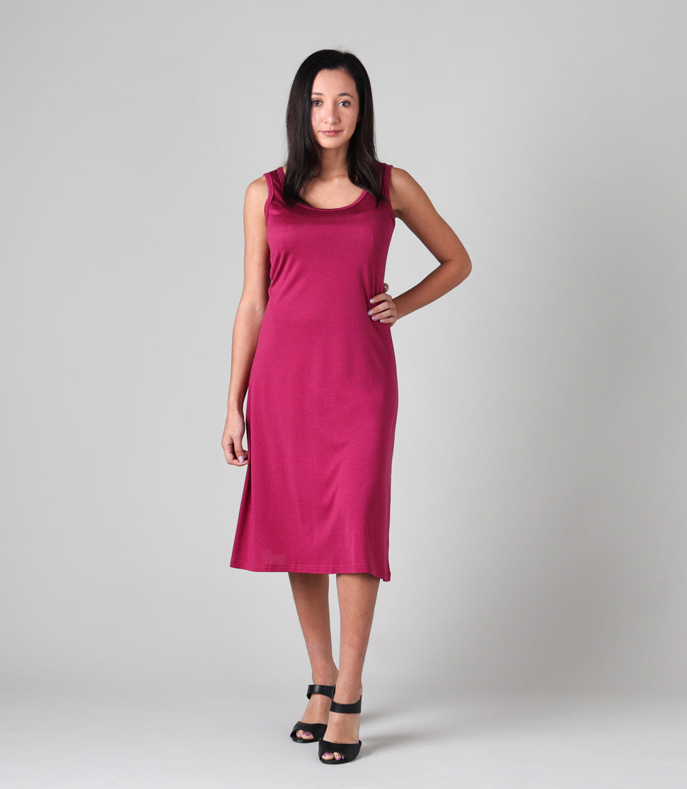 Woman wearing Silkspun Sleeveless Dress in Mulberry pink