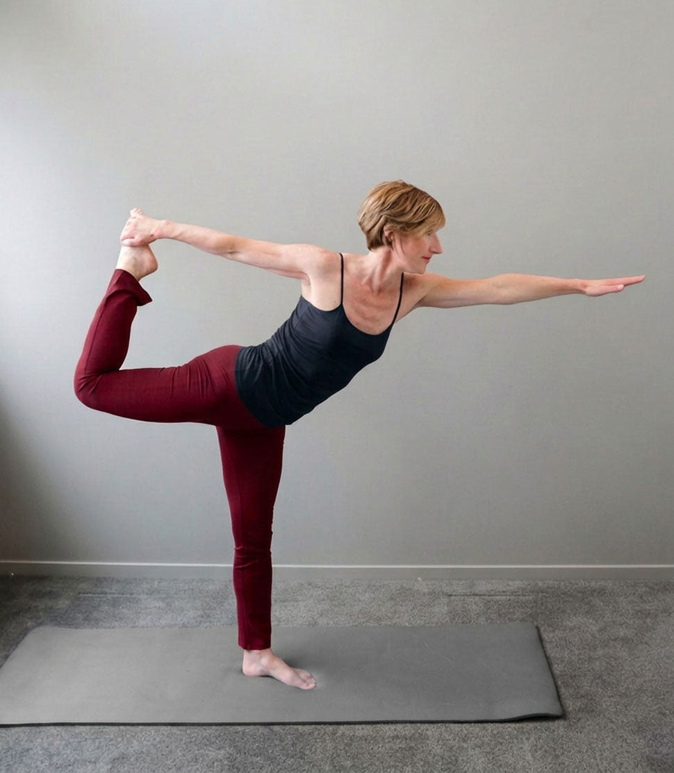 Silkspun 100% natural Long Yoga Pant for women in Bordeaux red worn with a Silkspun Long Camisole in Black
