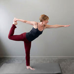 Silkspun 100% natural Long Yoga Pant for women in Bordeaux red worn with a Silkspun Long Camisole in Black