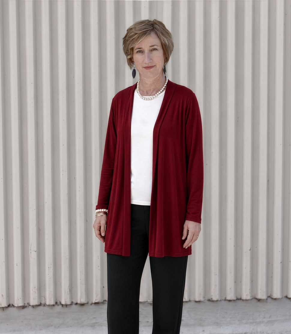 Silkspun Longline Cardigan in Bordeaux red