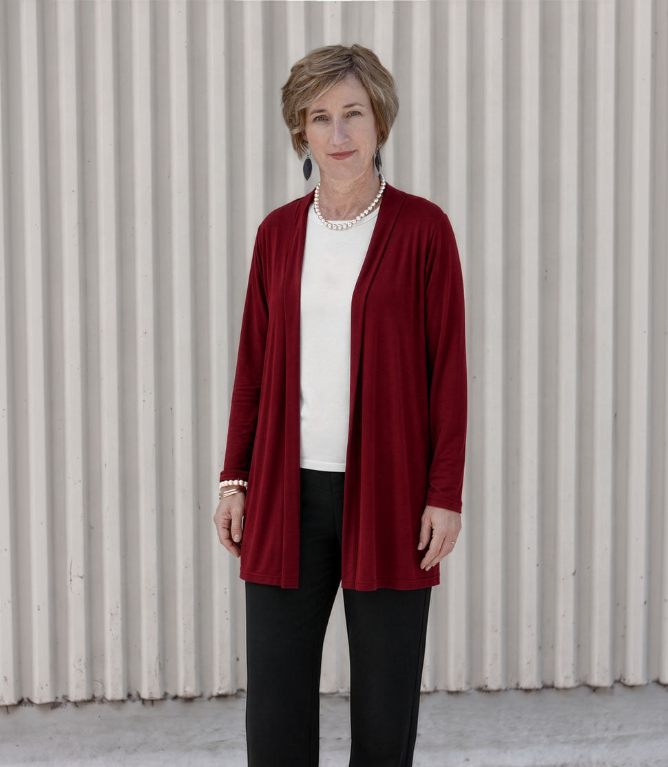 Silkspun Longline Cardigan in Bordeaux red over a Sleeveless Crew top in Natural White