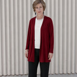 Silkspun Longline Cardigan in Bordeaux red over a Sleeveless Crew top in Natural White