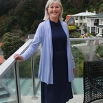 Silkspun High-Neck Dress in Navy paired with a Longline Cardigan in Forget-Me-Not blue