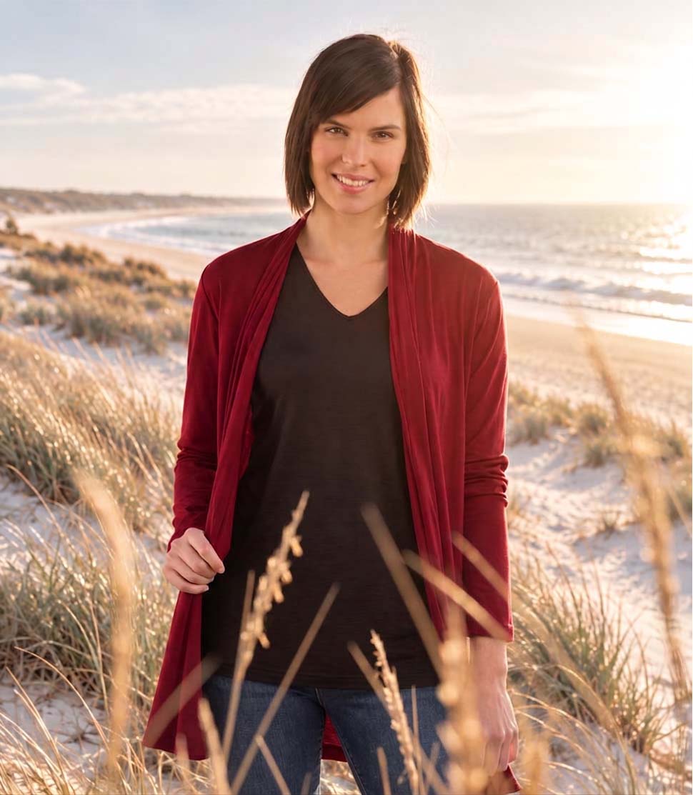 Silkspun Longline Cardigan over a Short Sleeved Crew top in Bordeaux red