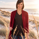 Silkspun Longline Cardigan over a Short Sleeved Crew top in Bordeaux red