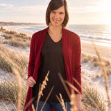 Silkspun Longline Cardigan over a Short Sleeved Crew top in Bordeaux red