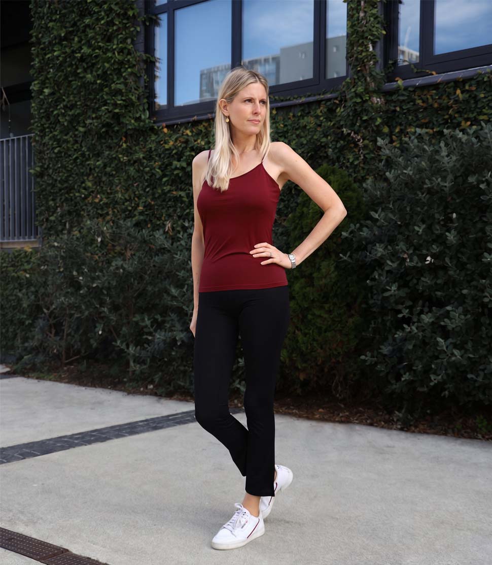 Women's Silkspun Long Camisole in Bordeaux red and Silkspun Long Yoga Pant in Black