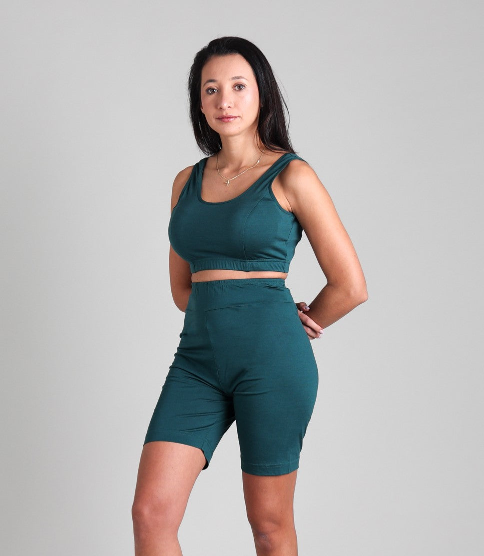 100% natural Silkspun FlexiBra paired with Glide Shorts in Deep Sea Green 