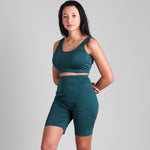 100% natural Silkspun FlexiBra paired with Glide Shorts in Deep Sea Green 