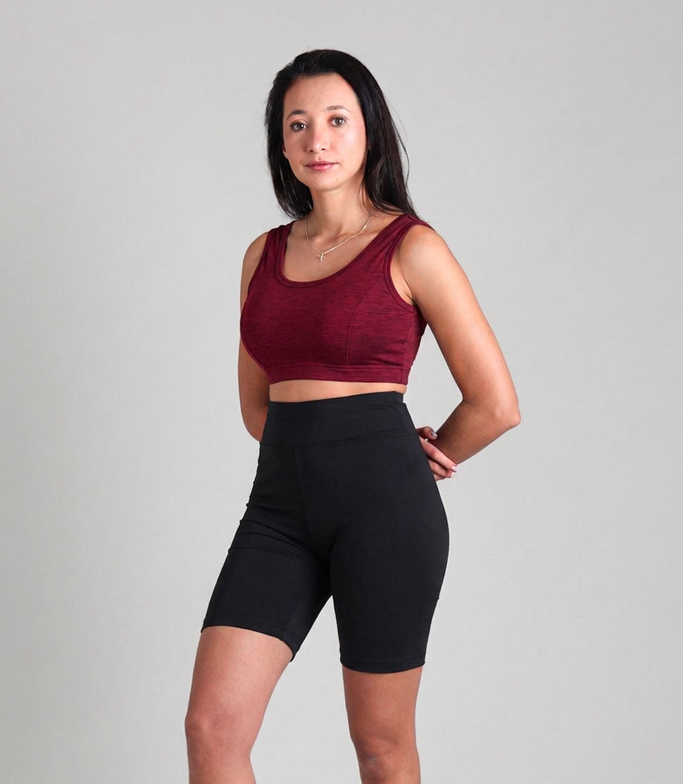 Women's Silkspun Flexi Bra in Bordeaux red worn with Silkspun Glide Shorts in Black