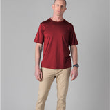 Man wearing a Silkspun Short Sleeve Crew in Bordeaux Red