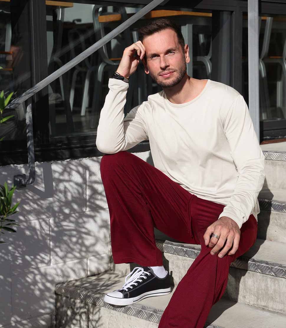 Men's 100% natural Silkspun Lounge Pants in Bordeaux red