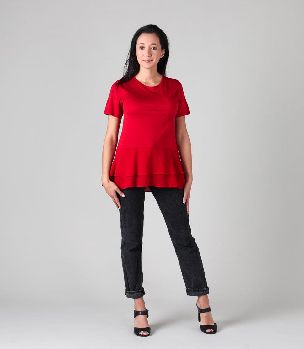 Women's Silkspun/Crepe-de-Chine Layered Top in Sunset Red