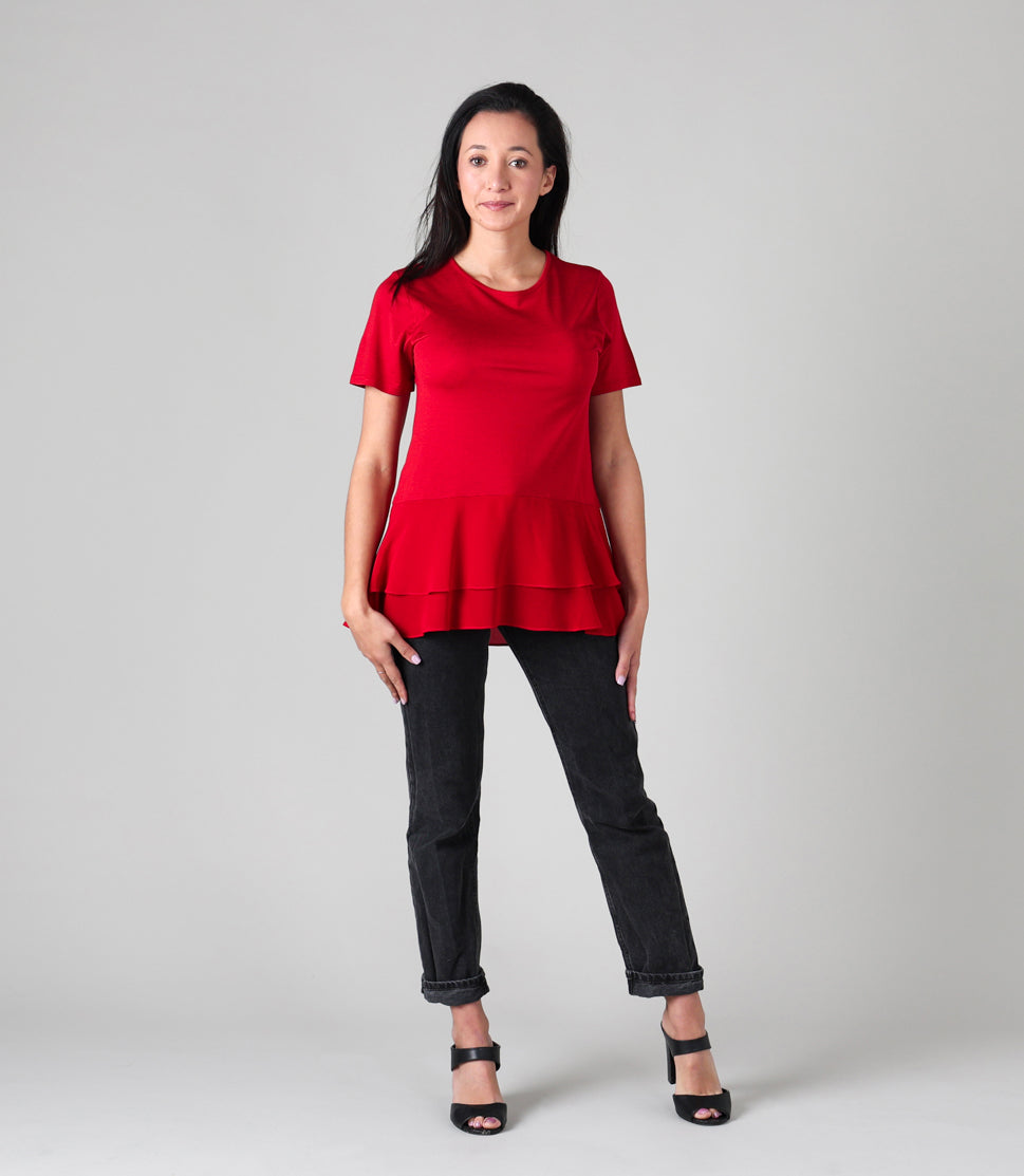 Silkspun and pure silk Layered Top in Sunset red, front view