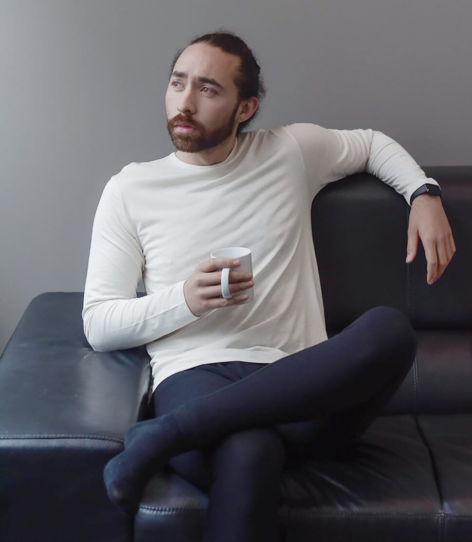 Men’s Puresilk Legliner paired with our Silkspun Long Sleeved Crew in Natural White