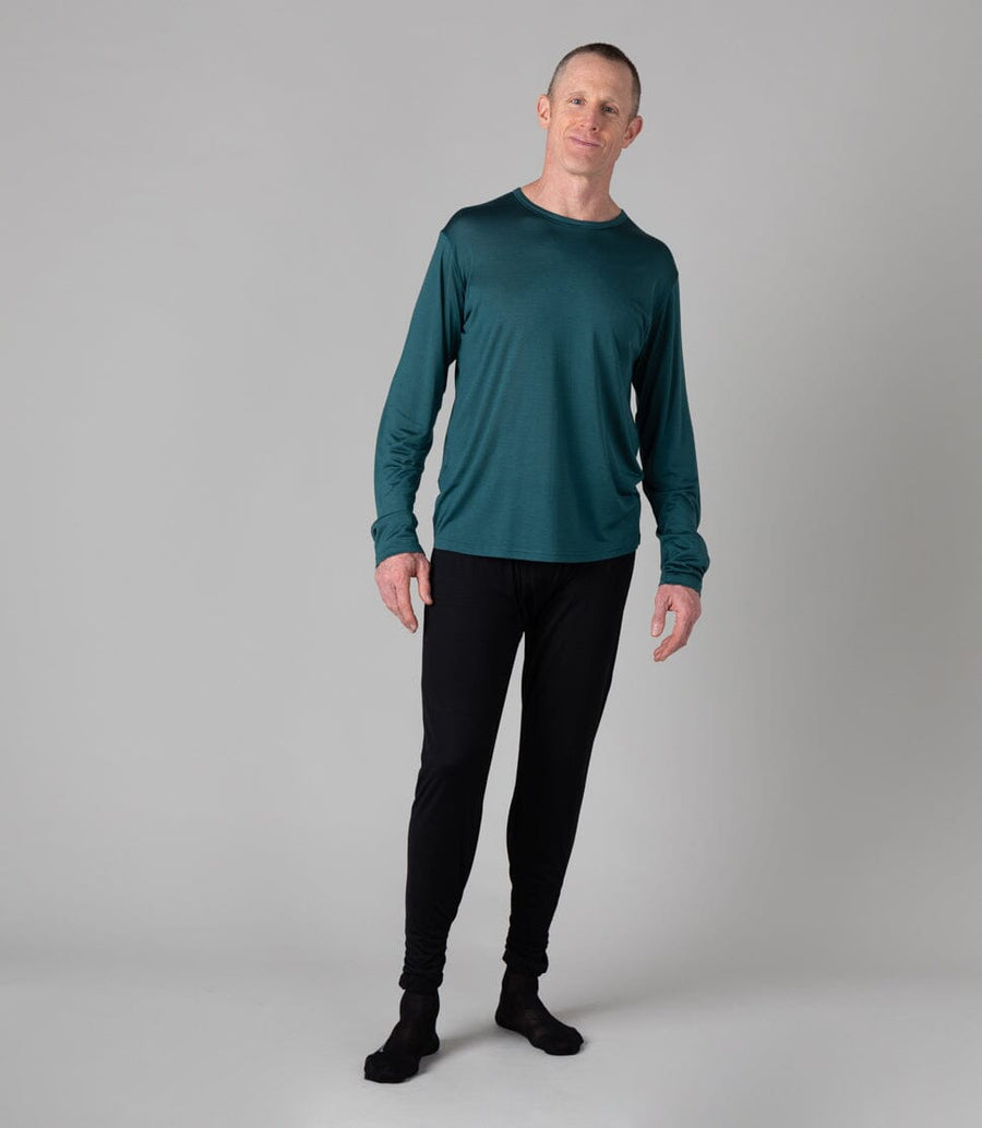 Men’s Puresilk Legliner paired with our 100% Puresilk Long Sleeved Crew in Deep Sea green