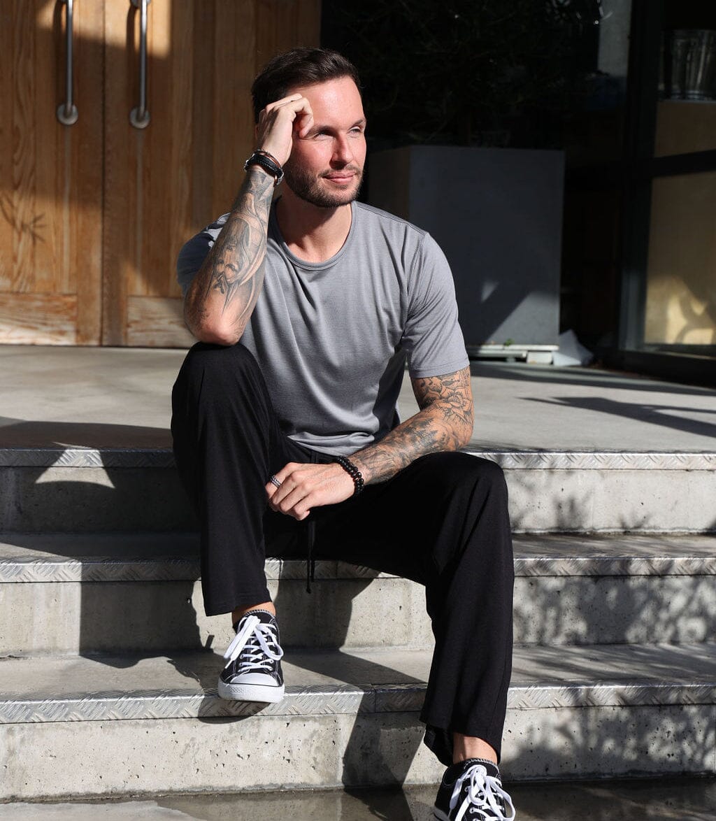 Men's Silkspun Lounge Pants in Black with a Short Sleeved Crew in Perfect Grey