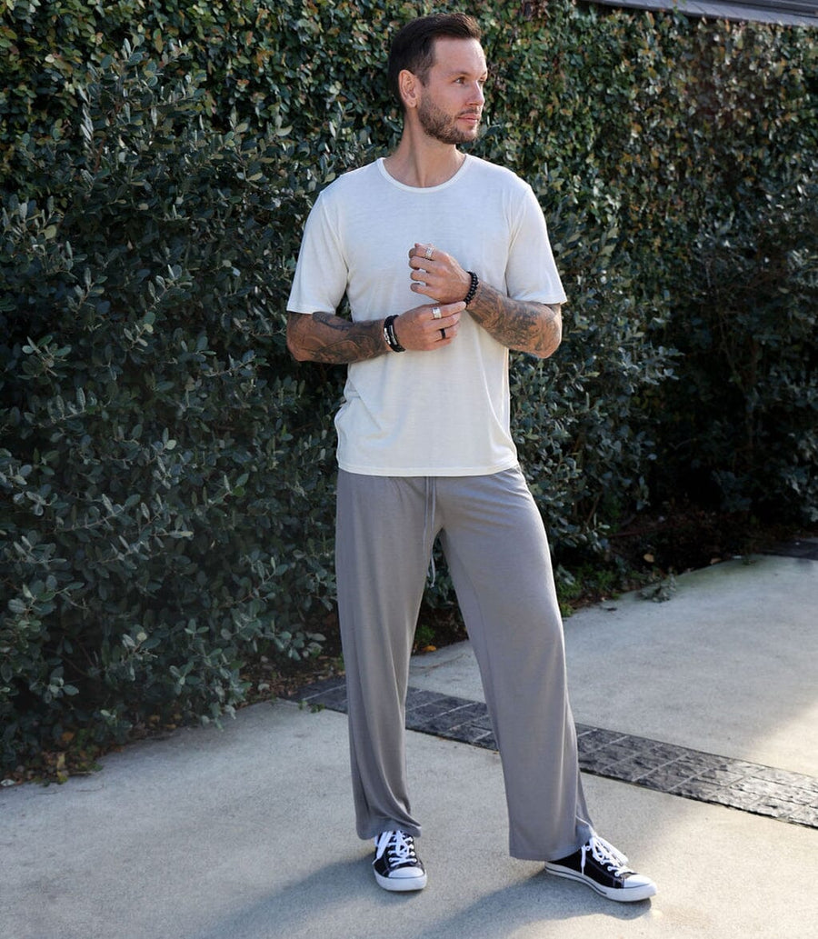 Men's Silkspun Lounge Pants in Perfect Grey with a Short Sleeved Crew in Natural White