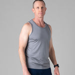 Man wearing Silkspun Sleeveless Crew in Perfect Grey