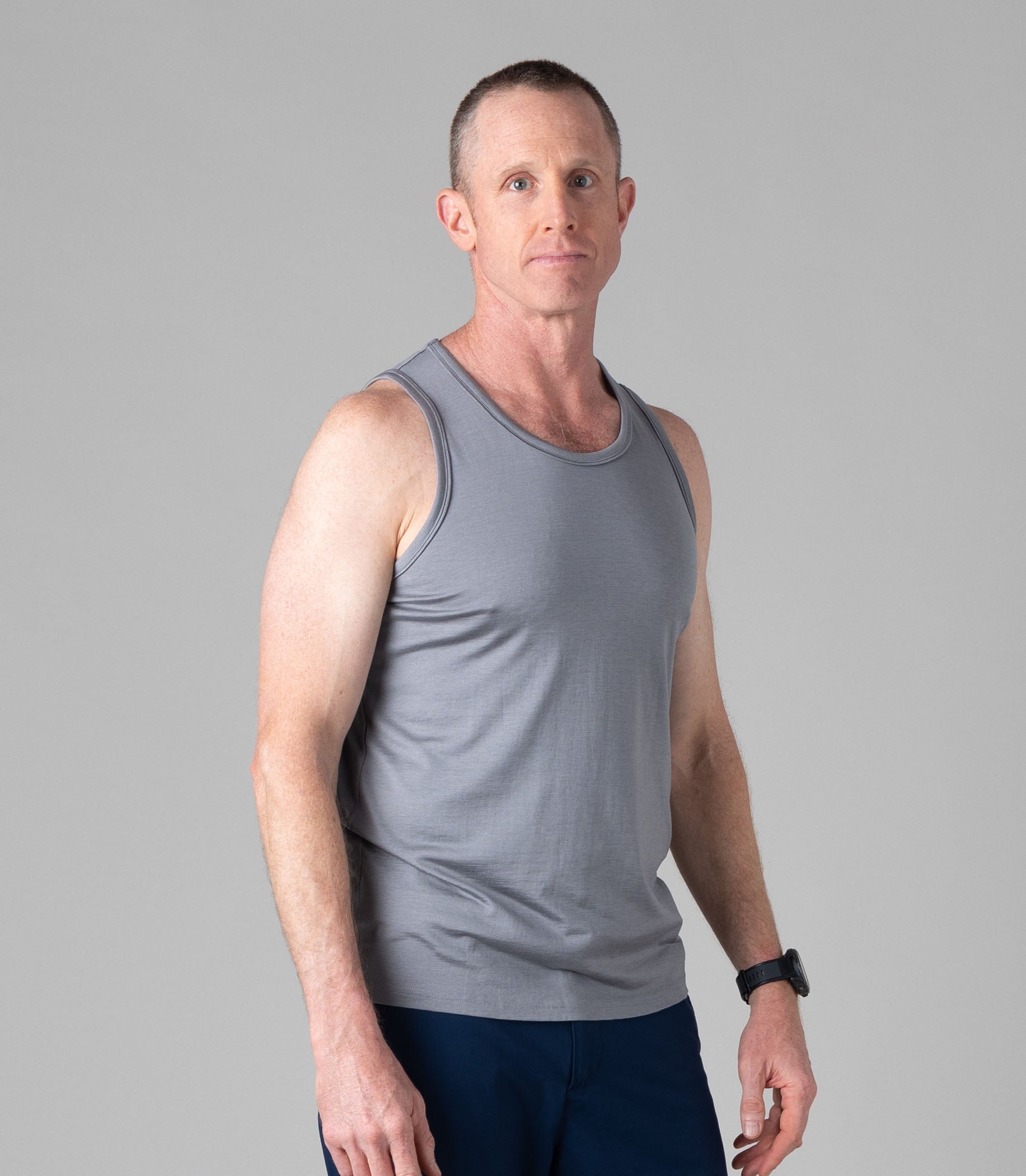 Man wearing Silkspun Sleeveless Crew in Perfect Grey