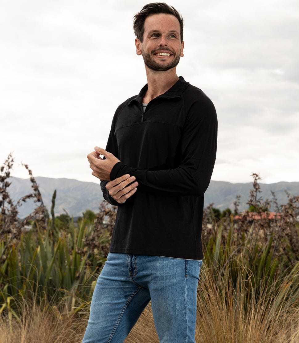 Men's Silkspun Zip Neck Top in Black