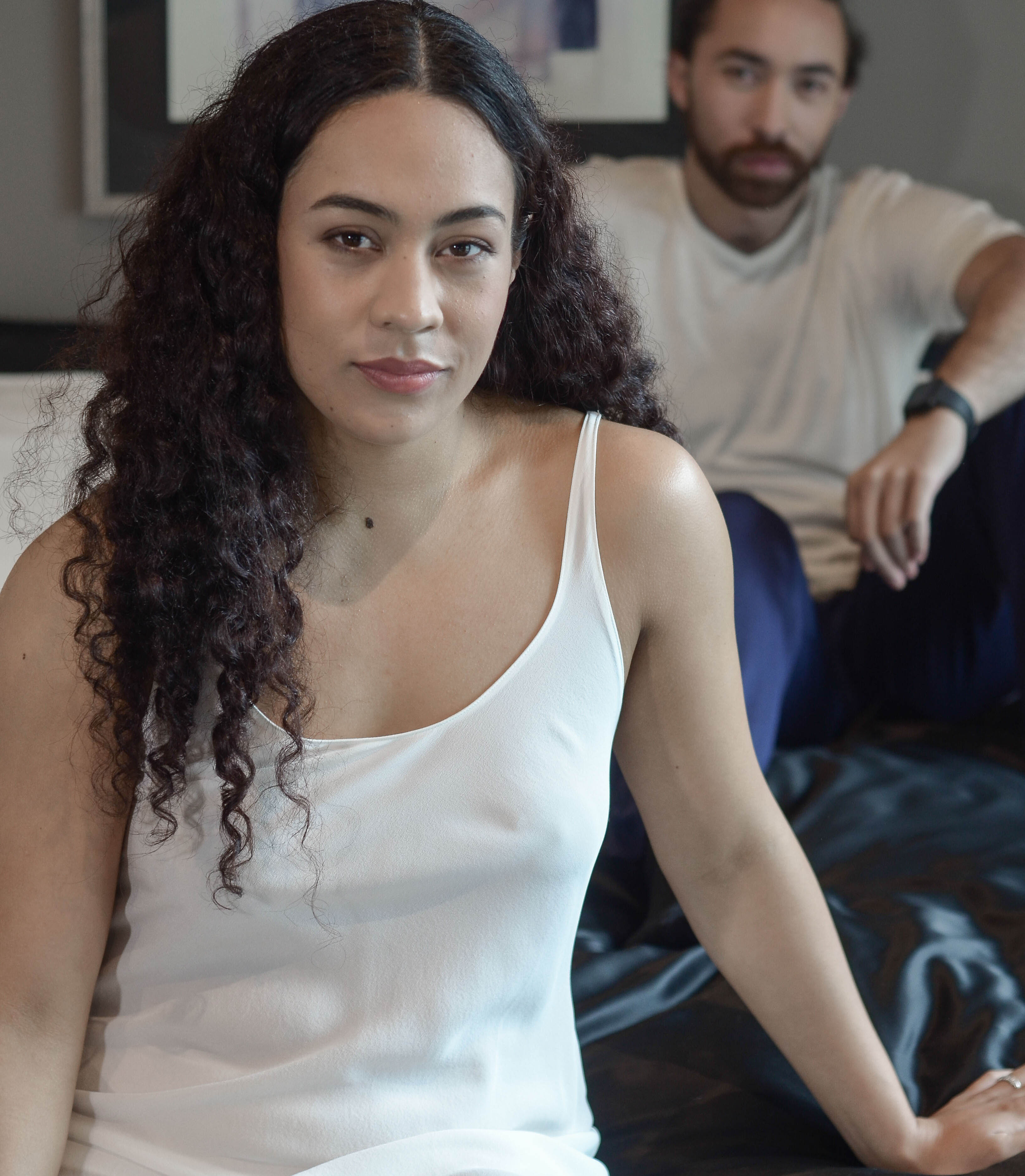 Women wearing Pure Silk Crepe-de-Chine Slip Dress in Natural White