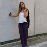 100% Pure Silk Crepe-de-Chine Pants in Damson Purple with silk crepe-de-chine Camisole in Natural White