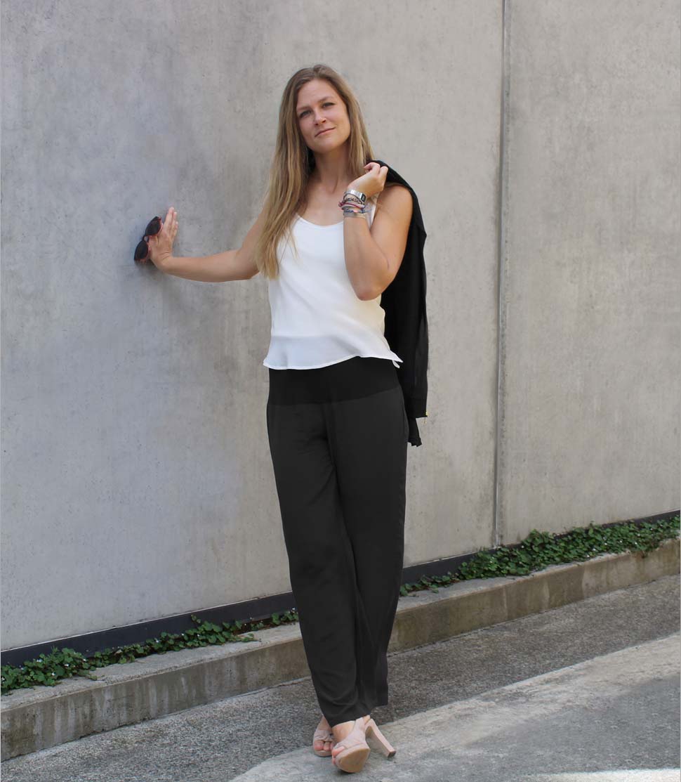 100% Pure Silk Crepe-de-Chine Pants in Black with silk crepe-de-chine Camisole in Natural White