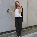100% Pure Silk Crepe-de-Chine Pants in Black with silk crepe-de-chine Camisole in Natural White