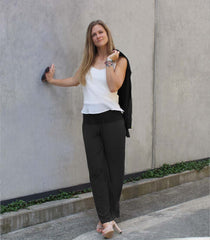 100% Pure Silk Crepe-de-Chine Pants in Black with silk crepe-de-chine Camisole in Natural White
