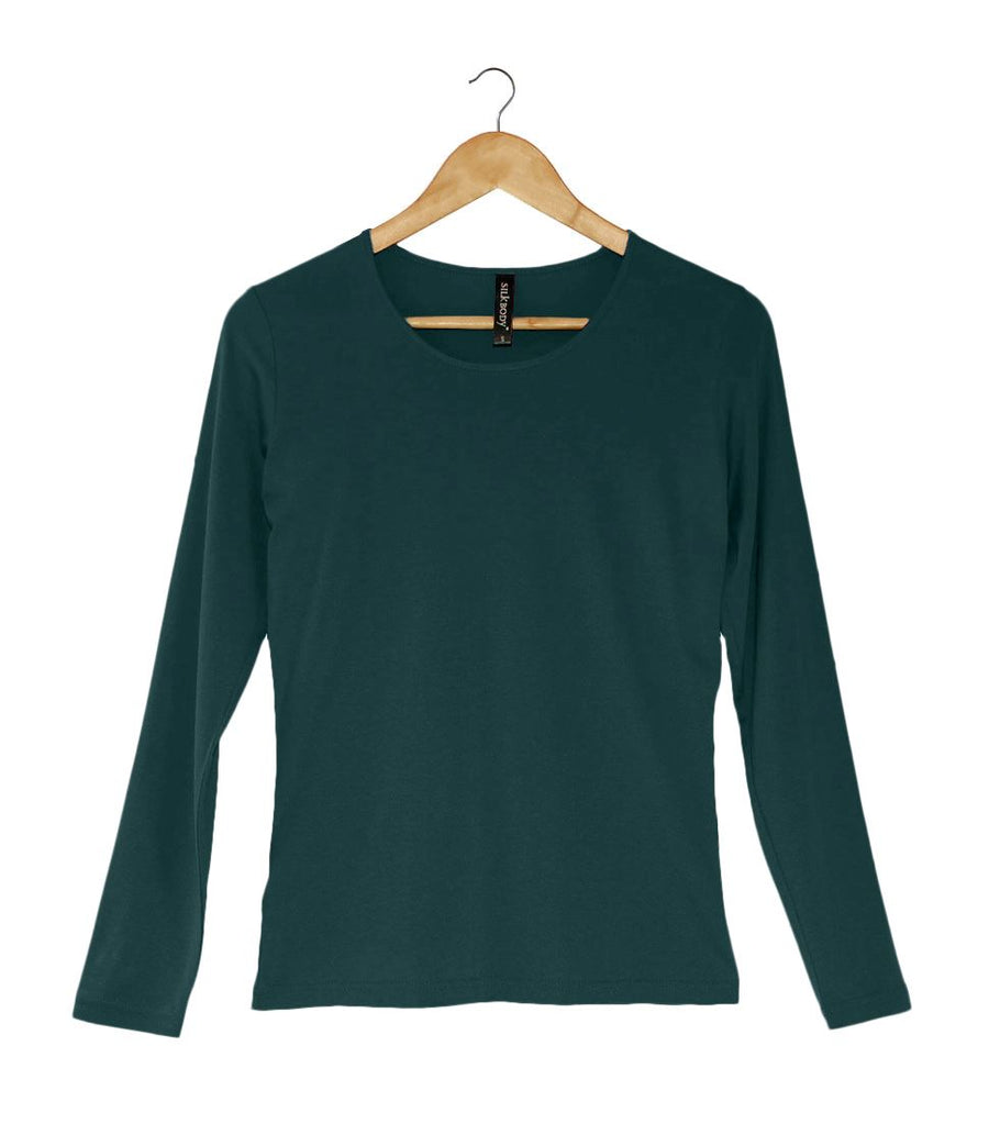 Women's 100% Pure Silk Sheer Long Sleeved Scoop in Deep Sea Green