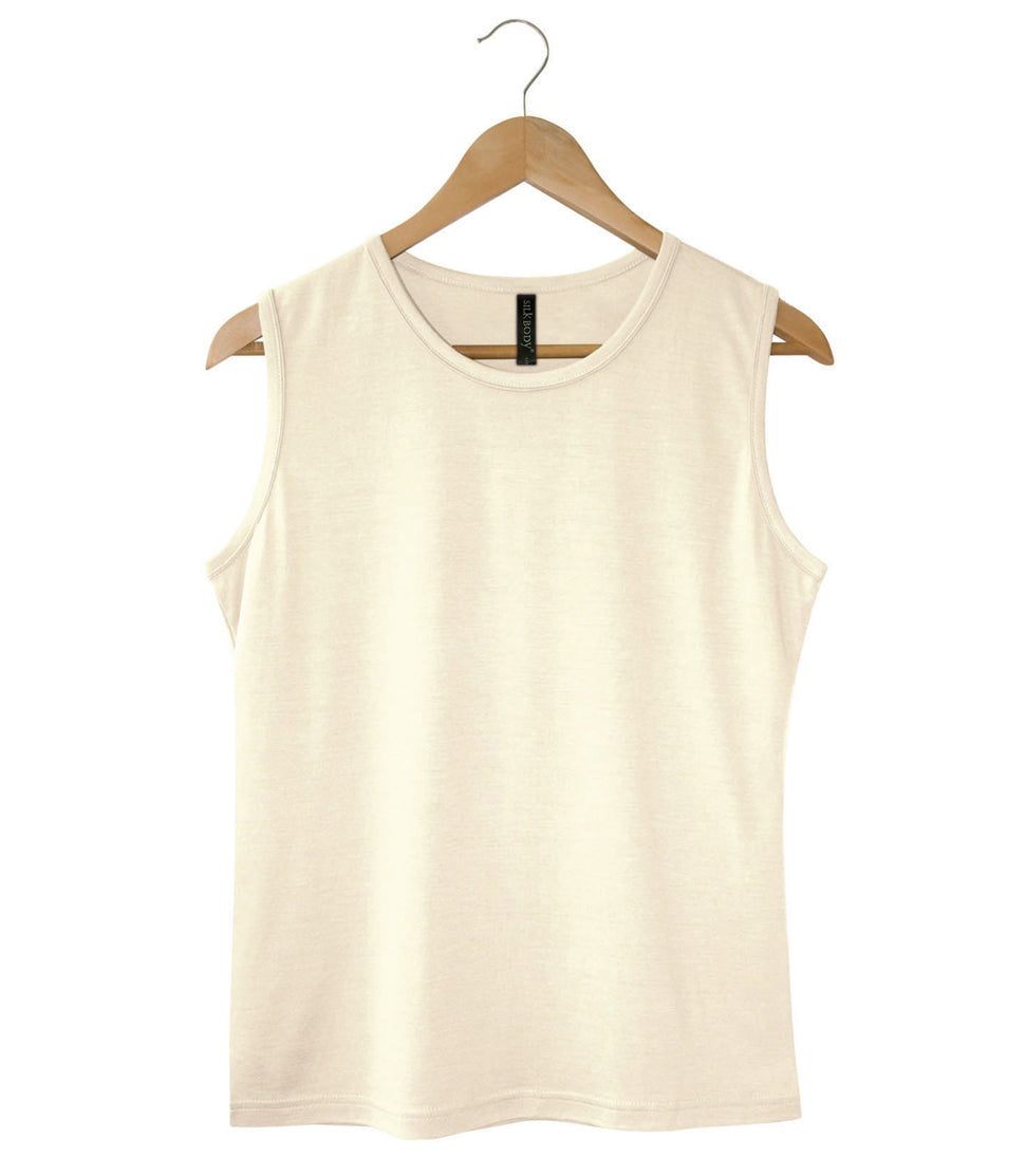 Natural White Sleeveless Crew on a wooden hanger against a white background