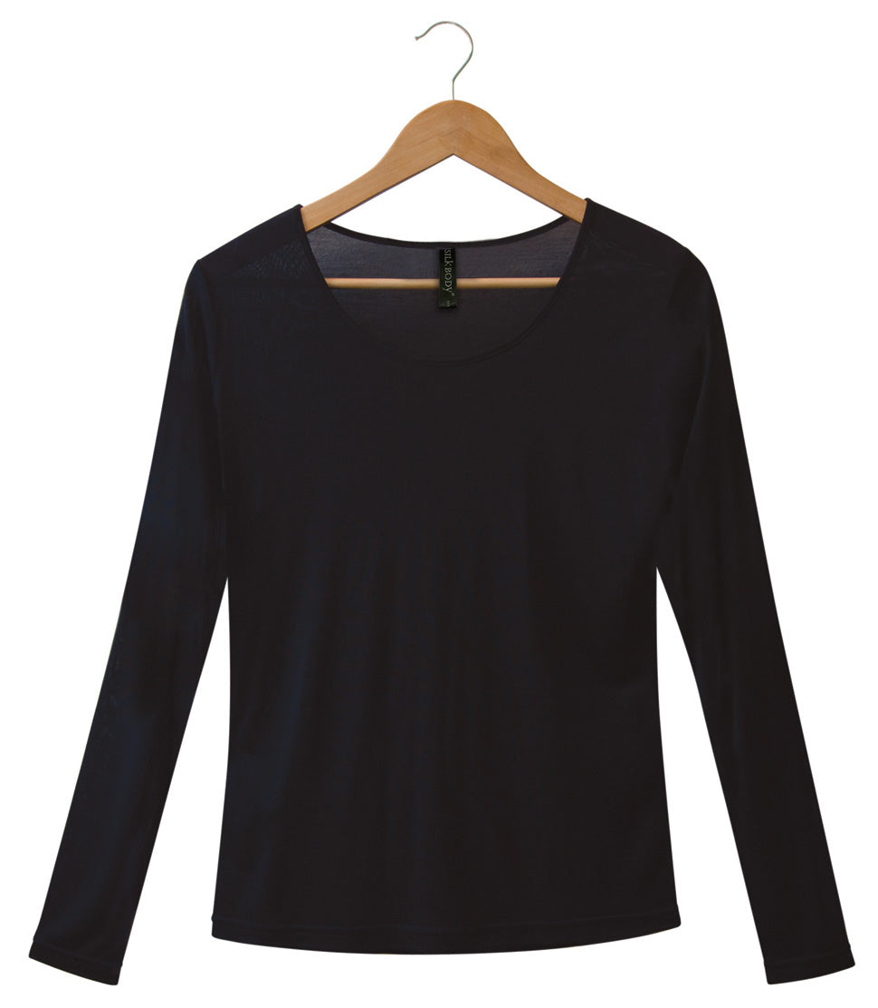  Women's 100% Pure Silk Sheer Long Sleeved Scoop in Black