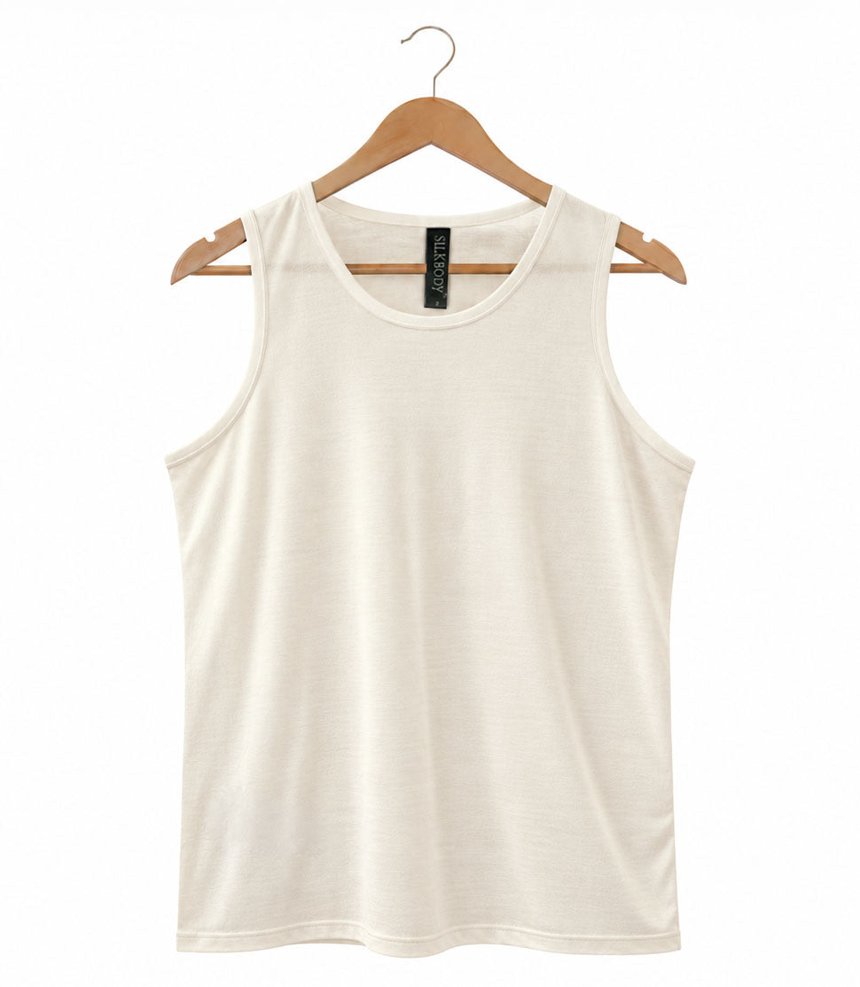 100% Pure silk Sleeveless Crew in Natural White for Men